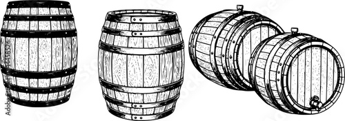 Two oak barrels, hand drawn in sketch style. Wooden casks, kegs illustration
