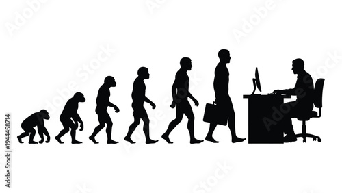 Evolution of humans from primate to modern office worker with silhouette illustration