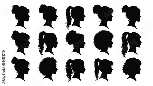 Collection of diverse female hairstyles in black silhouette profiles