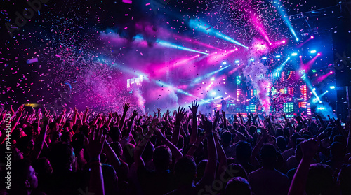 Energetic crowd enjoying a vibrant concert with confetti and stage lights