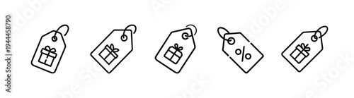 Shopping and gift tag outline icon set featuring discount percentage label, surprise present card, commercial sale badge, retail price ticket more vector illustration or editable stroke.