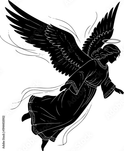 Christmas Angel flying and trumpet on pipe. Religious holiday. Hand drawn illustration in vintage engraving style
