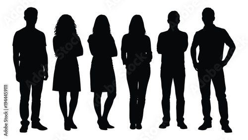 A group of people standing in a line, depicted in black silhouette against a white background, conveying a sense of unity and solidarity among individuals of different ages and professions