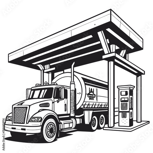 Large truck refueling at station gas station fuel pump