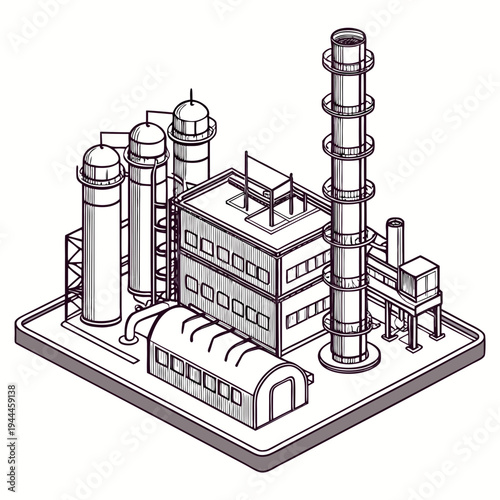 Isometric industrial factory complex with smokestacks