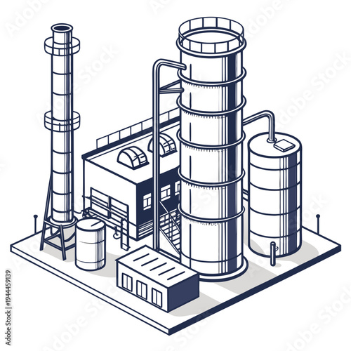 Isometric industrial plant with towers and tanks