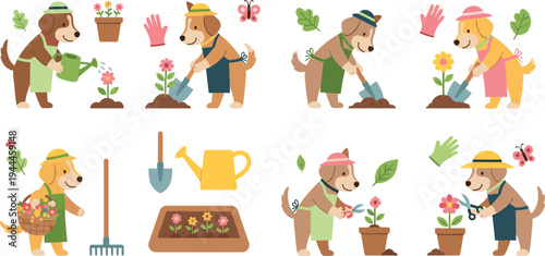 Cute Dog Gardening Characters Planting Flowers with Watering Can, Shovel and Garden Tools, Cartoon Puppy Gardeners Spring Nature Vector Illustration Set