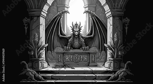 Mystical monochrome fantasy illustration of a winged dragon creature presiding over an ancient stone altar in a dark temple chamber.