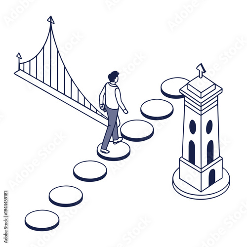 Man walking to a tower on stepping stones bridge journey