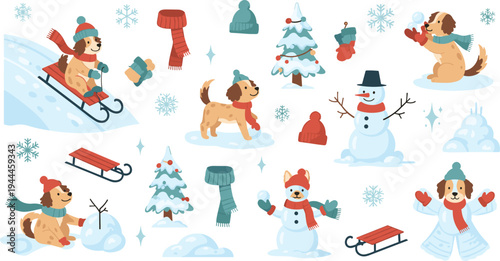 Cute Dog Winter Activities Set with Sledding, Snowman Building and Christmas Tree, Cartoon Puppy Playing in Snow Holiday Season Vector Illustration