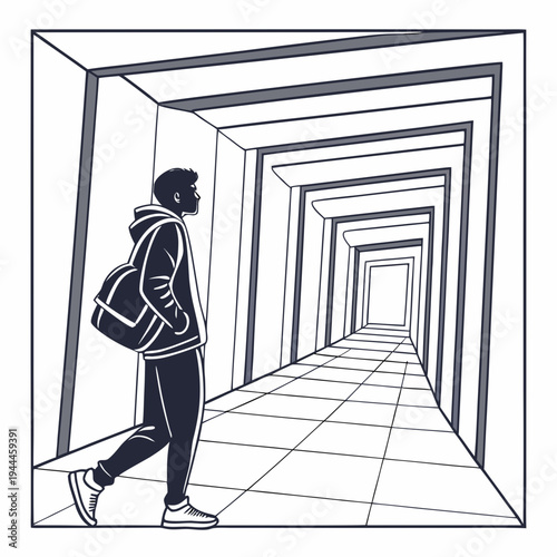 Man walking through tunnel hallway corridor