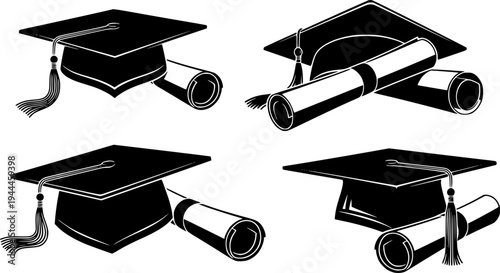 Graduation cap with tassel and rolled diploma. Mortarboard and Degree. Sketch illustration
