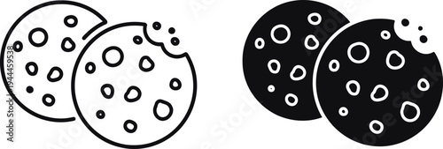 Two cookies icon set outline and solid with chocolate chips one bitten