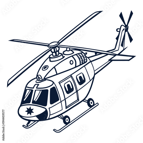 "High-quality vector illustration of a modern helicopter, featuring clean outlines and detailed design. This professional technical line art is perfect for aviation graphics, transportation concepts, 