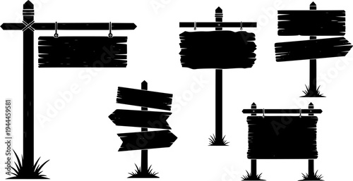 Set wooden banner, sign posts or boards design template. Signboard collection, panel plywood vector illustration
