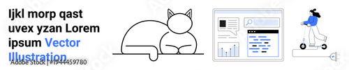Digital creativity, web development, lifestyle design, technology, transportation, visual communication. Line art cat, data interface woman on scooter. Web development and lifestyle design concept
