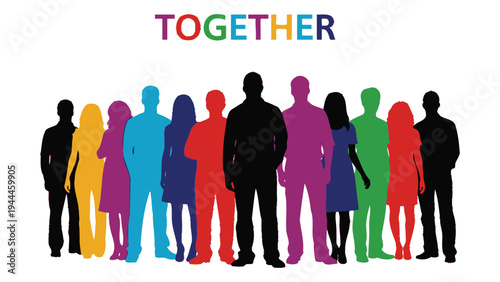 A vibrant illustration of diverse individuals standing together in unity and solidarity, promoting a sense of community, inclusivity, and togetherness, with a bold and colorful design