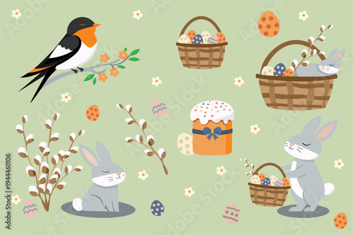 Cute Easter Vector Set with Bunnies, Bird and Willow Branches