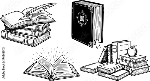 Books set sketch. Education, school concept. Vintage vector illustration
