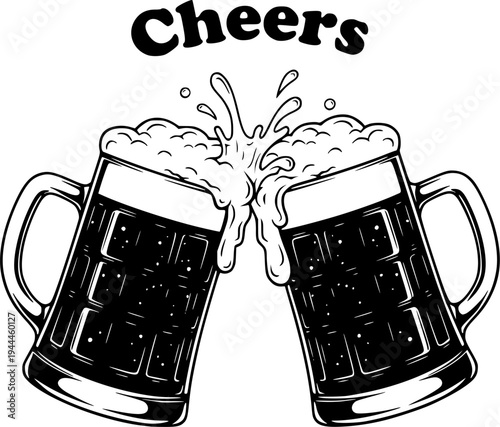 Two toasting beer mugs, Cheers. Oktoberfest, clinking glass tankards full of beer and splashed foam
