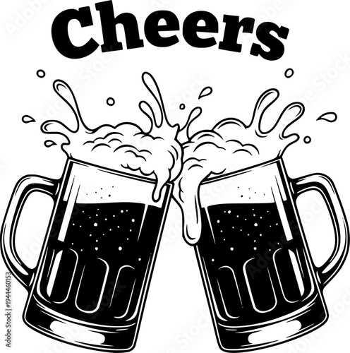 Two toasting beer mugs, Cheers. Oktoberfest, clinking glass tankards full of beer and splashed foam
