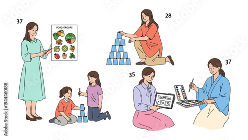 Daily Routine: A series of illustrations depicts a woman engaged in various everyday activities, illustrating the rhythm of a day.