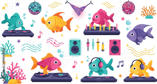 Cute Fish DJ Characters Playing Music on Turntables at Underwater Disco Party with Speakers, Headphones and Dance Floor Cartoon Vector Illustration Set