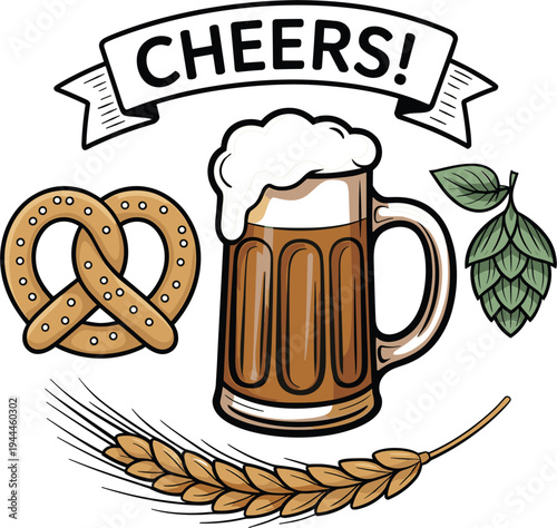 Professional Colorful Vector Illustration Of Large Beer Mug With Foaming Head Pretzel Hops And Wheat