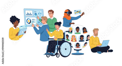 Diverse Global Team Leveraging Data Analytics, Virtual Reality, and Digital Technology for Collaborative Business Innovation