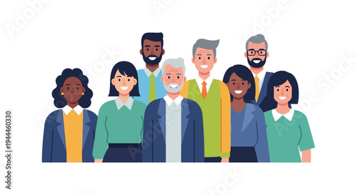 Diverse Professional Team Illustration: Multi-ethnic, Multi-generational Business Group Smiling for Inclusion