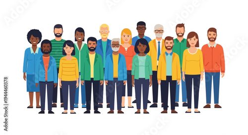Diverse Group of Multi-ethnic and Multi-generational People. Flat Vector Illustration for Community, Teamwork, and Inclusivity Concepts.