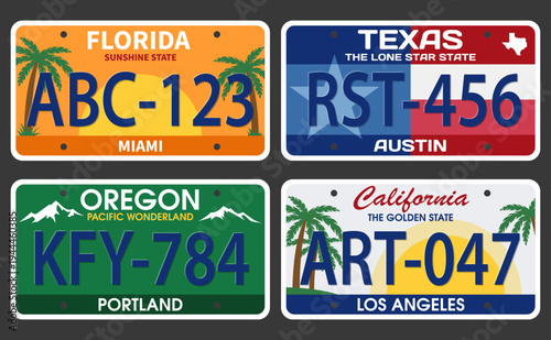 Set 4 Usa region plate. American license plate with state name and numbers: Florida, Texas, Oregon, California.