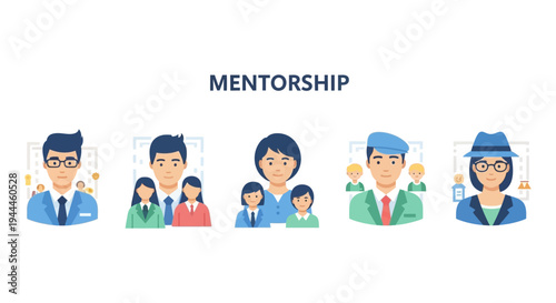 Mentorship Program and Guidance Concept with Diverse Flat Avatars for Professional Development and Learning