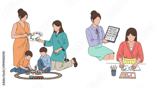 Daily Delights: Women engaging in educational and creative activities with children, fostering a nurturing and enriching environment for growth. 