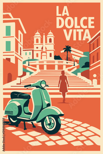 Rome Vintage Travel Poster with Spanish Steps and Teal Scooter