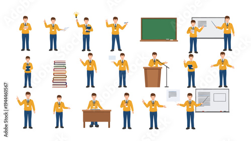 Teacher Illustration Collection: A vibrant collection of teacher illustrations showcasing a variety of poses, activities, and educational elements to capture teaching styles and lessons