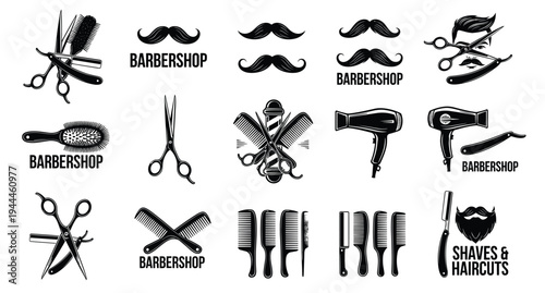 Vintage Barbershop Logo and Icon Collection with Scissors, Razors, Mustache Symbols, Hair Dryer, and Classic Barber Tools Vector Set
