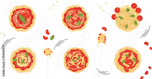 Italian pizza top view vector set with different toppings, melted cheese, tomato sauce, basil leaves, and delicious fast food meal illustration