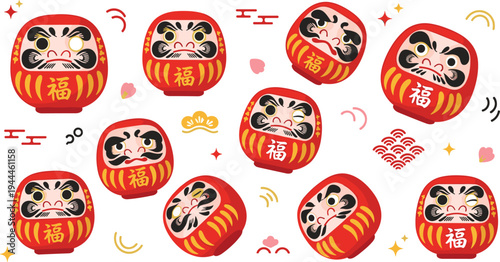 Japanese Daruma doll collection with traditional lucky red dolls, Asian good luck charm vector illustration set for New Year design