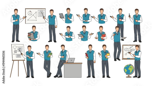Teacher's Pose Collection: A diverse compilation of illustrated educators in various teaching and presentation poses, offering a dynamic visual resource for educational themes.