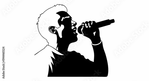 Black and white silhouette of a male singer with a microphone.
