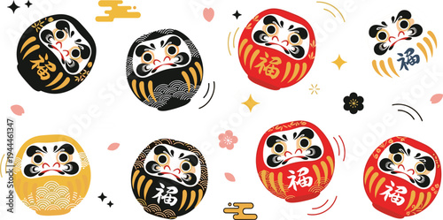 Japanese Daruma dolls collection with red, black and gold lucky talismans, traditional good luck charm vector illustration set for Asian culture design