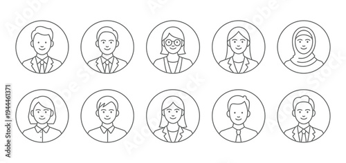 Diverse People Circular Line Art Icons Vector, profile and frontal view avatars, person silhouettes, user and community symbols