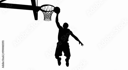 Dynamic basketball player silhouette performing a powerful slam dunk.