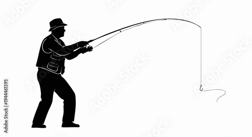 Silhouette of a Fisherman Reeling in a Fish with a Bent Rod.