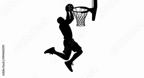 Silhouette of a basketball player in mid-air, performing a dunk.