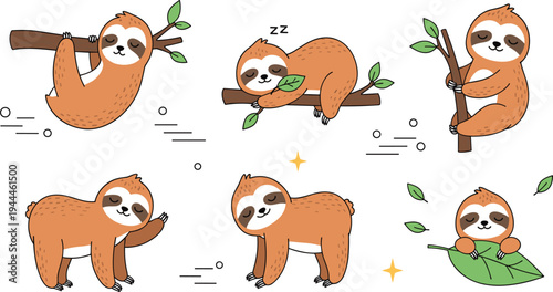 Cute sloth animal characters hanging on tree branches sleeping walking and relaxing cartoon flat vector illustration set