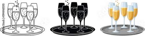 Set of champagne glasses on a serving tray presented in outline solid black and full-color vector illustrations perfect for celebration and event graphics