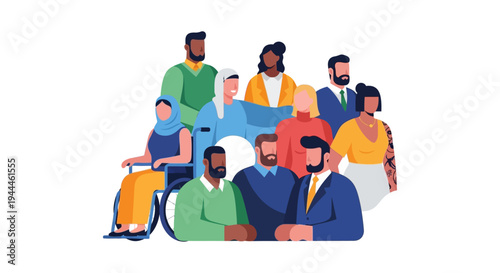 Diverse Group of Multicultural People United in Community. Flat Vector Illustration for Global Inclusion, Equality, Teamwork, and Social Equity Concepts.