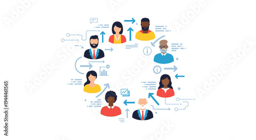 Diverse Business Team Collaboration Network with Process Flow and Communication Icons
